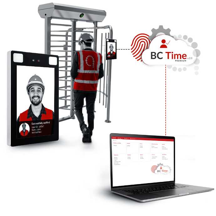 BC Time solution Time and attendance and access control system with employee clocking in at a biometric terminal to walk through a full height turnstile synced to BC Time.