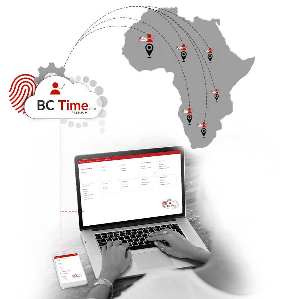 Time and attendance and access control cloud system, BC Time. Manage unlimited number of companies, branches and departments, across africa