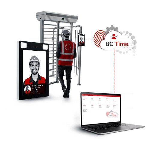 Time and attendance and access control system managing employee through a turnstile using a biometric device synced to BC Time