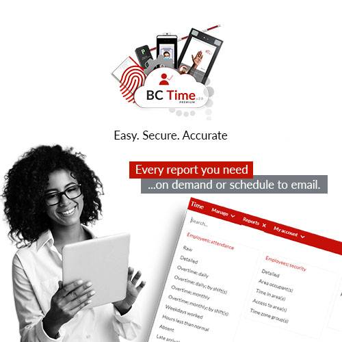 Time and attendance and access control system reporting made easy, secure and accurate by BC Time software for business.