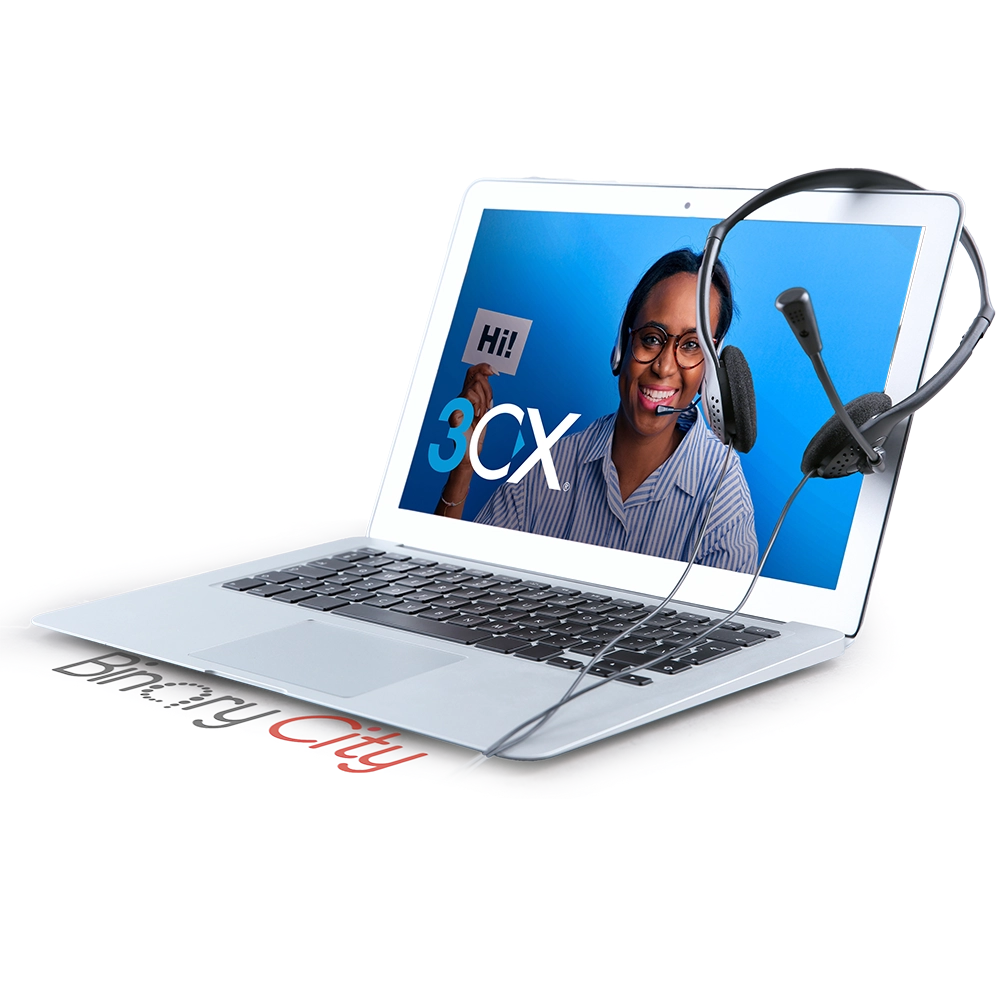 3cx phone system on laptop with binary city logo