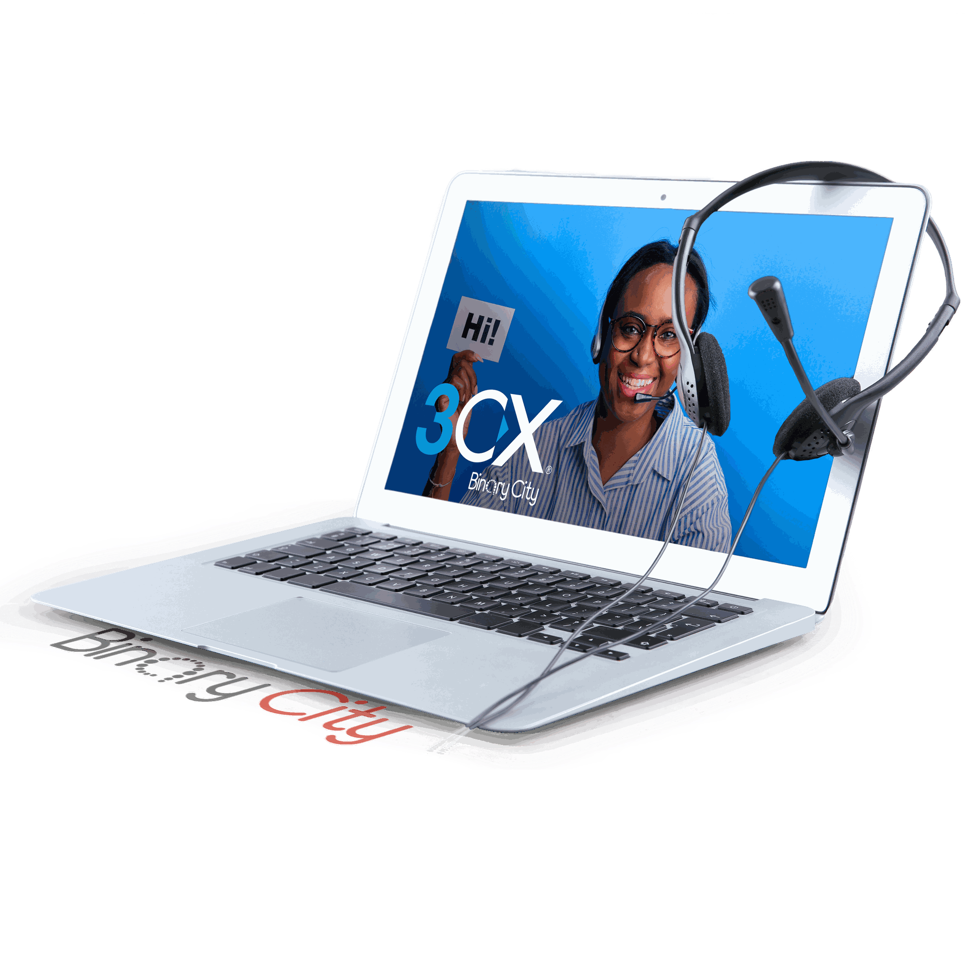 3cx ophone system and call centre solution on laptop with binary city logo